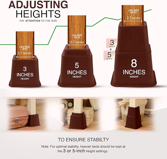Utopia Bedding Bed Riser, 3 & 5 Inches Adjustable Furniture Risers for 8 Inch Combined Furniture Lift, Under Bed Storage & Dorm Room Essential, Supports Up to 1,300 lbs (4 Set, Reddish Brown)