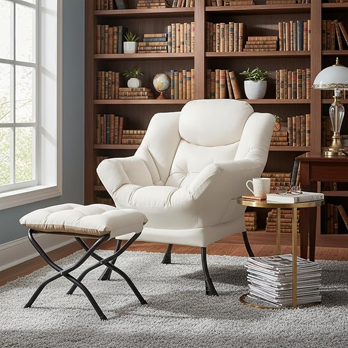 Welnow Lazy Chair with Ottoman, Modern Reading Accent Chair with Armrests and a Side Pocket, Leisure Upholstered Lazy Sofa Set with Footrest for Small Space, Beige