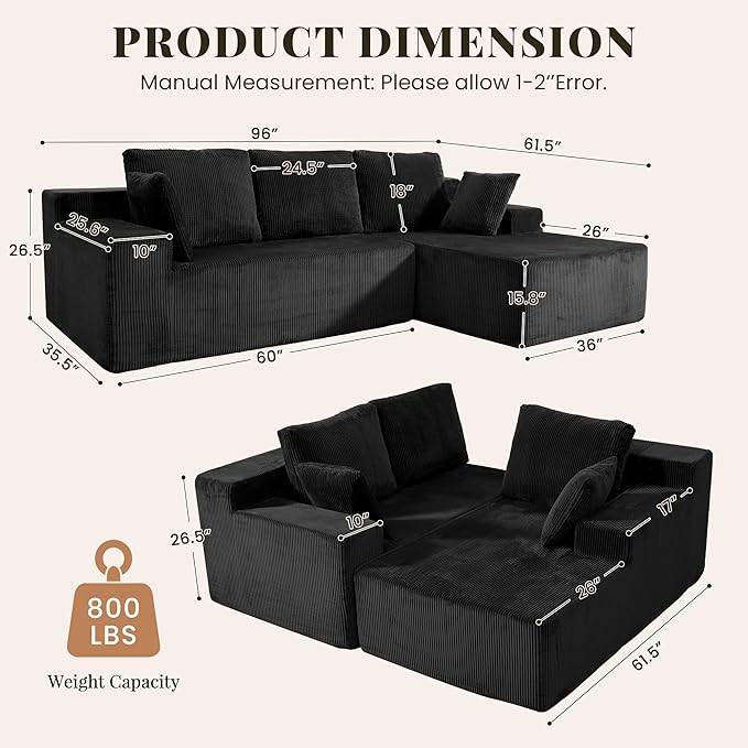 Cloud Sectional Boneless Couches for Living Room, Modular L Shaped Couch with Deep Seat Oversized Right Facing Chaise, Memory Foam Compressed Spineless 3 Seater Sofa for Apartment, Black | No Assembly Required, Deep Seat, Cat-Claw Resistant, High-Resil...