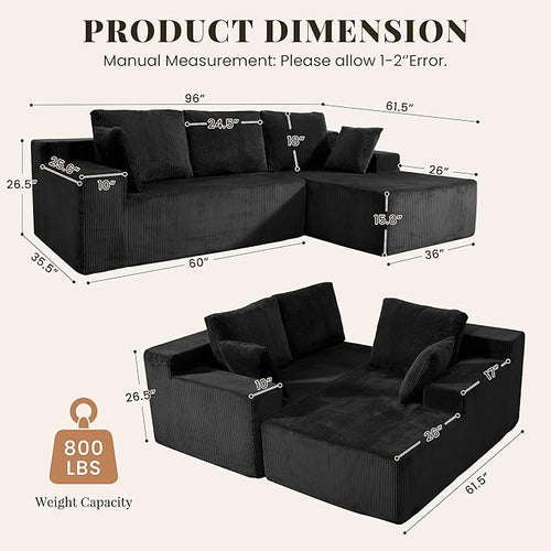Cloud Sectional Boneless Couches for Living Room, Modular L Shaped Couch with Deep Seat Oversized Right Facing Chaise, Memory Foam Compressed Spineless 3 Seater Sofa for Apartment, Black | No Assembly Required, Deep Seat, Cat-Claw Resistant, High-Resil...