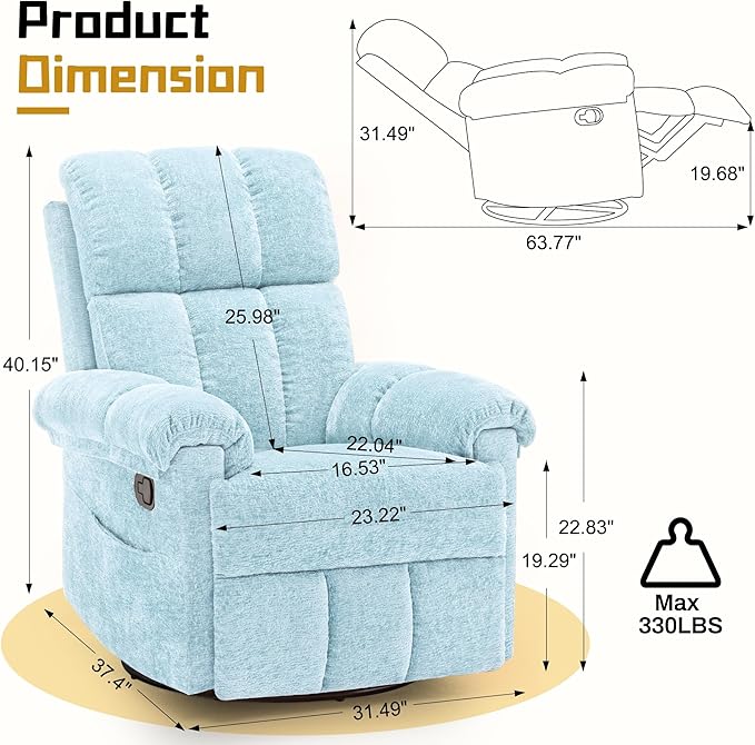 Recliner Chair, Swivel Rocker Recliner Chair for Adults, Small Recliners for Small Spaces, Manual Recliner with Side Pockets, Upholstered Nursery Rocking Chair for Living Room, Chenille, Blue