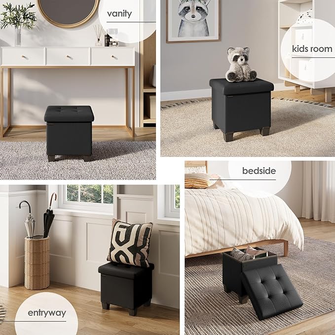 Storage Ottoman Cube with Small Bin, 15-in Square Ottoman with Storage for Living Room and Bedroom, Small Ottomans Foot Rest, Faux Leather Foot Stools Ottomans Max 330lbs, Black