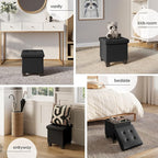 Storage Ottoman Cube with Small Bin, 15-in Square Ottoman with Storage for Living Room and Bedroom, Small Ottomans Foot Rest, Faux Leather Foot Stools Ottomans Max 330lbs, Black