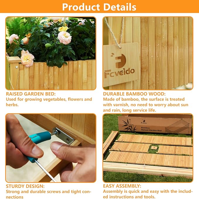 Bamboo Raised Garden Beds Outdoor, Raised Garden Bed with Legs, Elevated Bamboo Planter Box, Standing Growing Bed for Growing Fresh Herbs, Vegetables, Succulents, Flowers (48x25x30 Inch)
