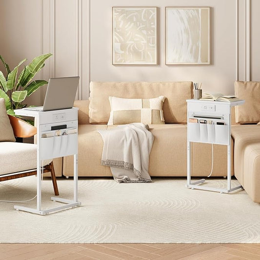 HOOBRO C Shaped End Table with Charging Station, 28" H Couch Side Table Slide Under, Sofa Arm Tray Table with Storage Bag for Living Room, Recliner, White WW70USF01