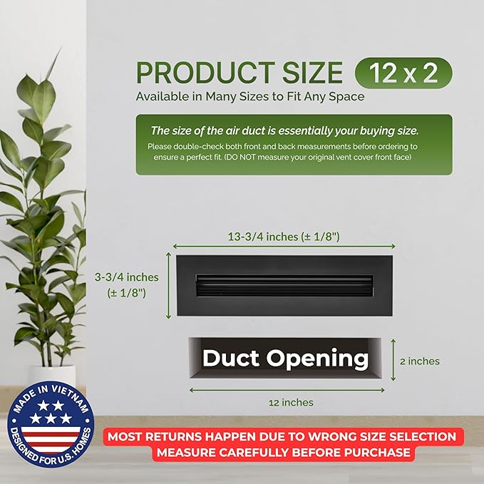 Modern Air Vent Cover 12x2 (Duct Opening) - Decorative Black Aluminum Linear Slot Diffuser for Wall, Ceiling, Floor Register - Quiet Operation HVAC Grille for Home with Adjustable Airflow