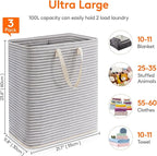 Lifewit 3 Pack Laundry Basket 100L Each, Collapsible Clothes Hamper with Reinforced Handles, Freestanding Waterproof Design for Bedroom and Laundry Room, Grey 300L Total