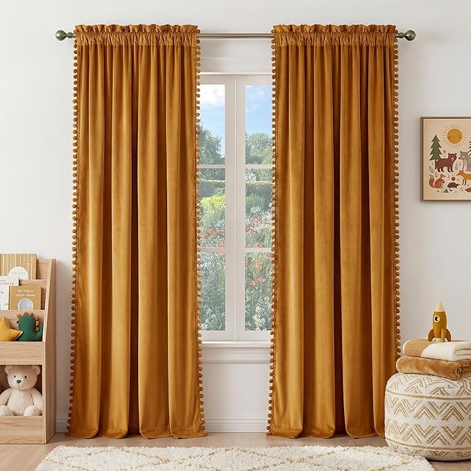 NICETOWN Mustard Gold Pom Pom Velvet Curtains 8 ft Long - Room Darkening Luxurious Drapes for Living Room & Bedroom, Extra Long Window Treatments, 52" W x 96" L, 2 Panels