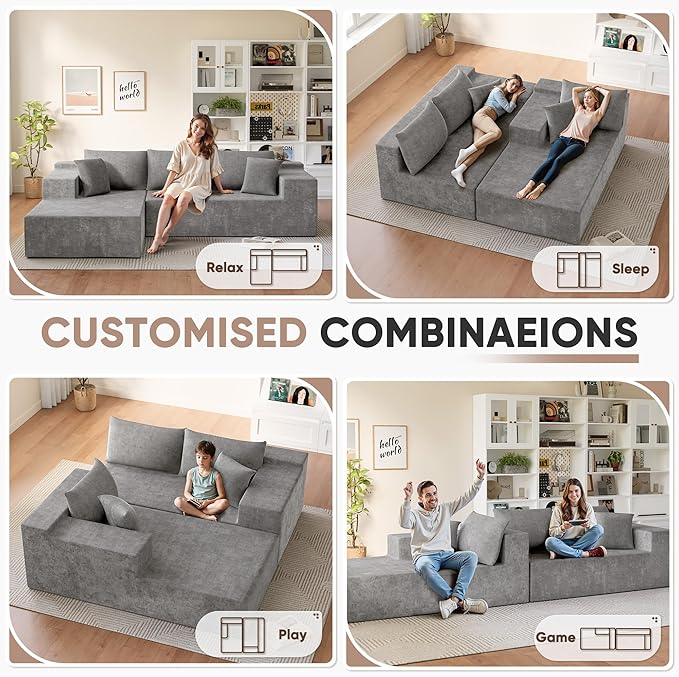 Homall 108" Modular Sectional Sofa, Boneless Couch with L-Shape Chaise, Cloud Couch with Deep Seat Upholstered, No Assembly Required for Living Room, Bedroom (Chenille, Grey)