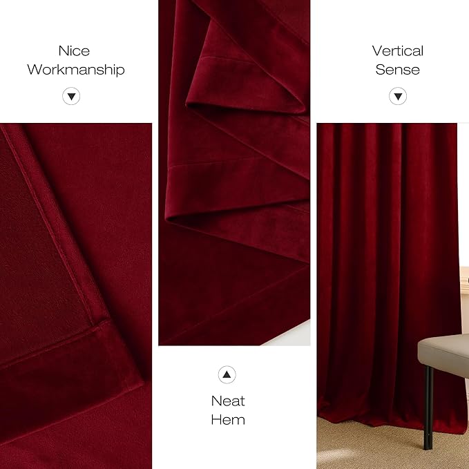NICETOWN Red Velvet Textured Window Curtains/Draperies for Living Room, Home Decoration Panels with Rod Pocket Design for Hall, Villa (1 Pair, 84 inches Long)