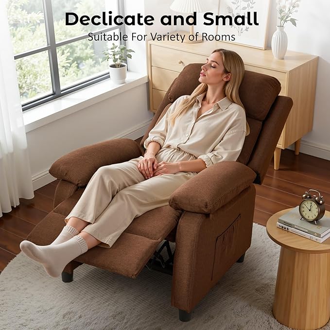 Recliner Chair, Reading Chair for Adults with Side Pockets, Recliners with Padded Deep Seat, Small Recliners for Small Spaces, Linen Fabric Comfy Chair for Bedroom, Living Room, and RV