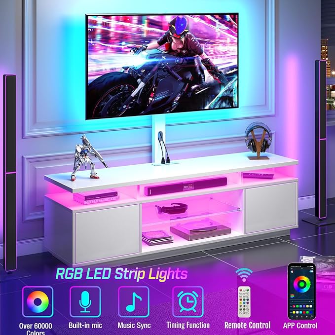 Rolanstar TV Stand with Mount and Power Outlet 59.1", Swivel TV Stand Mount for 32/45/55/60/65/70 inch TVs, Height Adjustable Modern Entertainment Center with Storage & LED Lights, TV Table White