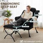 Welnow Lazy Chair with Ottoman, Modern Accent Chair with Armrests and a Side Pocket, Leisure Sofa Armchair Set, Reading Armchair with Footrest for Small Space, Black