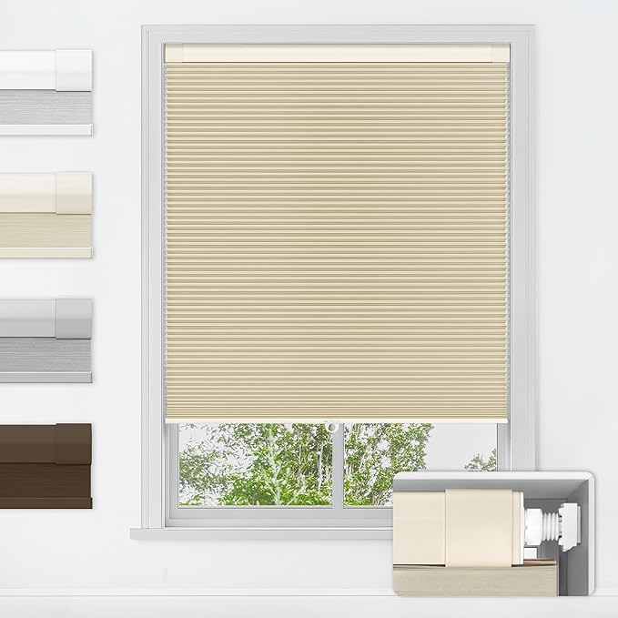 LazBlinds No Tools No Drill Cordless Cellular Shades, Blackout Light Blocking Honeycomb Shades for Home, Thermal Insulation Blinds for Windows, 25" W x 48" H, Beige
