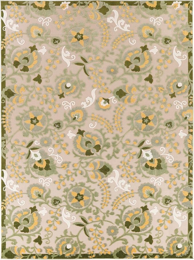 Nourison Home Aloha Ivory Green 7'10" x 10'6" Area Rug - Easy Clean, Non Shedding, Bed Room, Living Room, Dining Room, Kitchen (8' x 11')