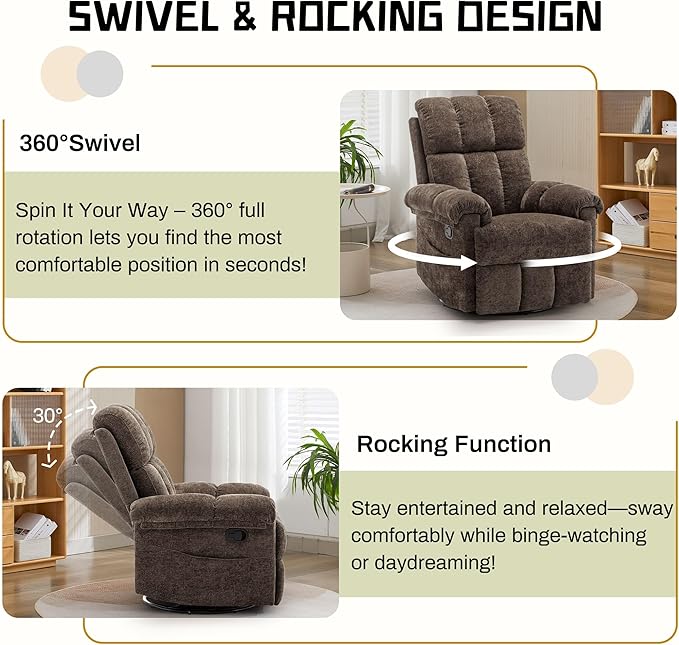 Recliner Chair, Swivel Rocker Recliner Chair for Adults, Small Recliners for Small Spaces, Upholstered Manual Recliner with Side Pockets, Nursery Rocking Chair for Living Room, Chenille, Brown