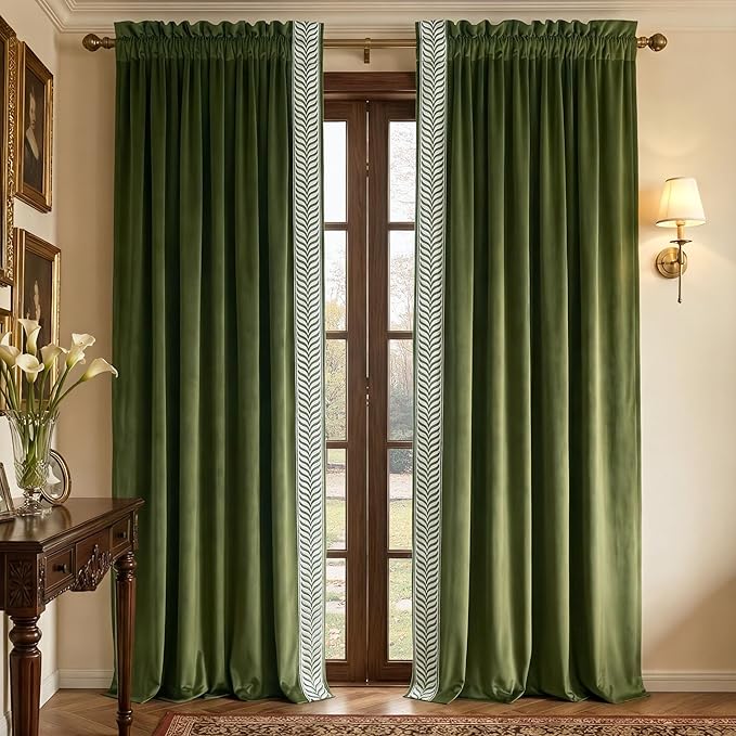 NICETOWN Rod Pocket Embroidered Trim Velvet Curtains, 2 Panels, Olive Green, 52" Wide, Thick Heavy Thermal Insulated Window Drapes 84 Inch Long for Bedroom/Living Room, Elegant Home Decor