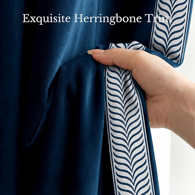 NICETOWN Rod Pocket Embroidered Trim Velvet Curtains, 2 Panels, Navy Blue, Velvet Curtains 96 inches Long, Soft and Elegant Heavy Matt Solid Thermal Insulation Drapes for Bedroom, Living Room