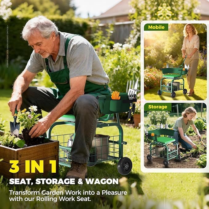 Suntee Garden Seat with Wheels, Rolling Gardening Stool with 360° Swivel Seat & Backrest,Tool Storage Basket & Back Tool Pouch, Adjustable Handle, Outdoor Gardening Scooter, Garden Cart for Seniors