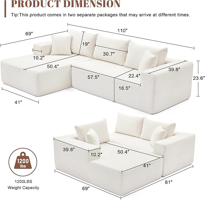 110” Cloud Sectional Couch, Modular Sectional Sofa for Living Room, Boneless Sofa with Deep Seat, Comfy Fluffy Couch with L-Shaped Chaise, No Assembly Required (Left-Facing Chaise, Beige)