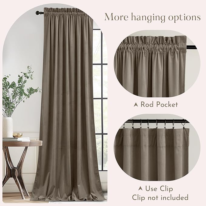 NICETOWN 120 inches Velvet Curtains - Taupe Blackout Extra Long High Ceiling Soft and Heavy Drapes for Living Room, Meeting Room and Theater, W52 x L120, 2 Panels