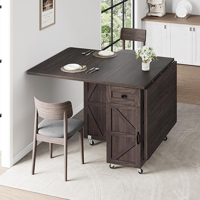 Space Saving Folding Dining Table, Farmhouse Foldable Dining Table with Drawer and 2-Layer Storage Shelf, 6 Wheels Multipose Expandable Folding Kitchen Table for Small Space (Dark Walnut)
