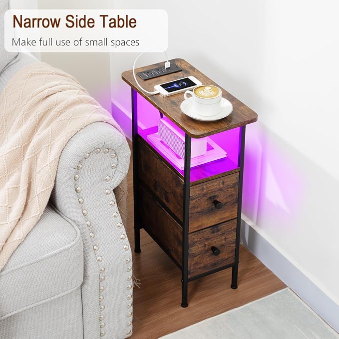 Narrow Nightstand with Charging Station, End Tables Living Room Set of 2, Skinny Side Table with Fabric Drawers, Small Sofa Table with LED Light for Bedroom, Rustic Brown, HETNDP02LPBR