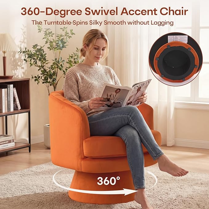 CANMOV Swivel Accent Chair with Armrest, Modern 360 Degree Swivel Barrel Chair with Curve Back and Soft Cushion, Comfy Velvet Round Armchair Single Sofa for Living Room, Bedroom, Orange