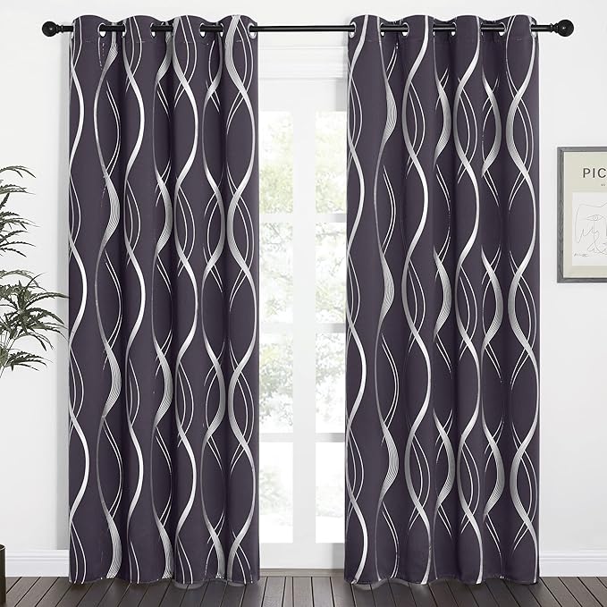 NICETOWN Blackout Curtains Panels for Living Room, Greyish Purple, 52" Wide x 84" Long, 2 Panels, Sound Reducing Thermal Insulated Wave Line Foil Print Design Curtains for Patio Sliding Glass Door