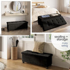 Storage Ottoman Bench with Bins, 43-in Storage Bench for Bedroom End of Bed, Folding Foot Rest Ottoman for Living Room Max 660lbs, Velvet Ottomans, Black