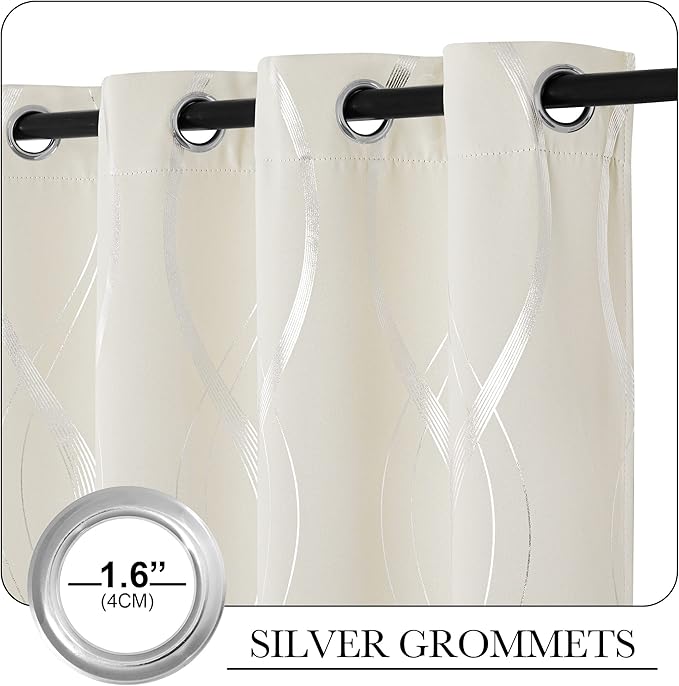 NICETOWN Extra Long Blackout Curtains for Large Window, Beige, 52" Width x 120" Length, 2 Panels, Foil Printed Wave Lines Energy Saving Thermal Insulated Draperies for Kids Nursery Boys Bedroom