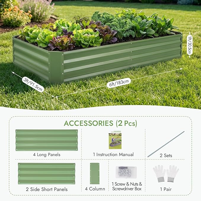 INNO STAGE 2Pcs Galvanized Raised Garden Bed Kit, 6x3x1FT Metal Raised Garden Beds for Vegetables, Rust-Resistant & Easy Assembly, Outdoor Raised Beds for Gardening, Flowers, Herbs (Green)