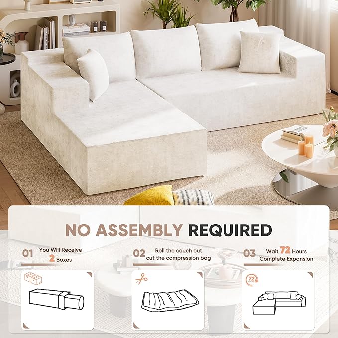 Homall 108" Modular Sectional Sofa, Boneless Couch with L-Shape Chaise, Cloud Couch with Deep Seat Upholstered, No Assembly Required for Living Room, Bedroom (Chenille, Beige)