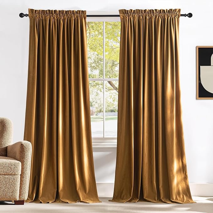 NICETOWN Gold Brown Velvet Curtains (2 Panels, 52-inch Wide x 108-inch Long), Luxury and Soft Thermal Insulated Velvet Curtains for Film, Extra Long Window Drapes for Large Door Windows