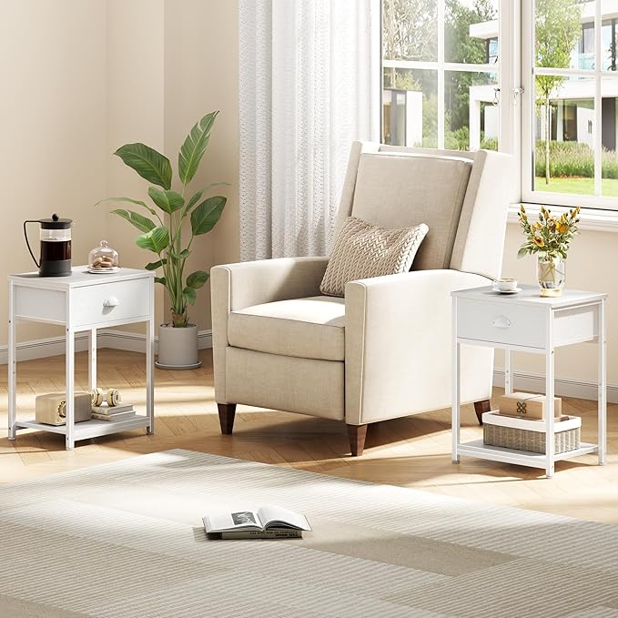 Furologee White Nightstand with Fabric Drawer, Small Side Table for Small Spaces, 2 Tiers Storage Shelves End Table, Night Stand for Living Room, Bedroom, Dorm