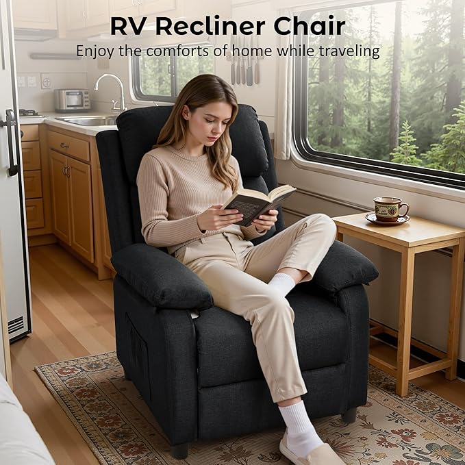 Recliner Chair, Reading Chair for Adults with Side Pockets, Recliners with Padded Deep Seat, Small Recliners for Small Spaces, Linen Fabric Comfy Chair for Bedroom, Living Room, and RV