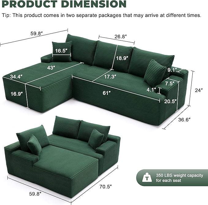 Cloud Sectional Couch, Modular Sectional Sofa for Living Room, Fluffy Comfy Couch with L-Shaped Chaise, Boneless Sofa with Deep Seat, No Assembly Required, Green