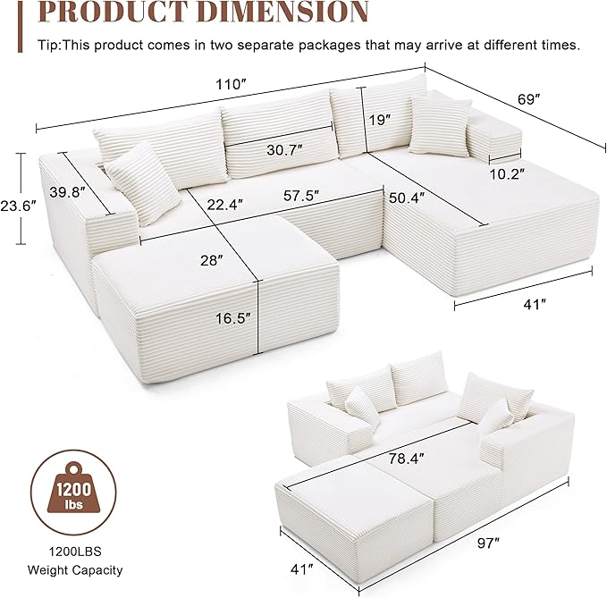 110” Cloud Sectional Couch, Boneless Sofa for Living Room, Modular Sectional Sofa with Deep Seat, Comfy Fluffy U-Shaped Couch with Right-Facing Chaise, No Assembly Required, Beige