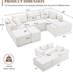 110” Cloud Sectional Couch, Boneless Sofa for Living Room, Modular Sectional Sofa with Deep Seat, Comfy Fluffy U-Shaped Couch with Right-Facing Chaise, No Assembly Required, Beige