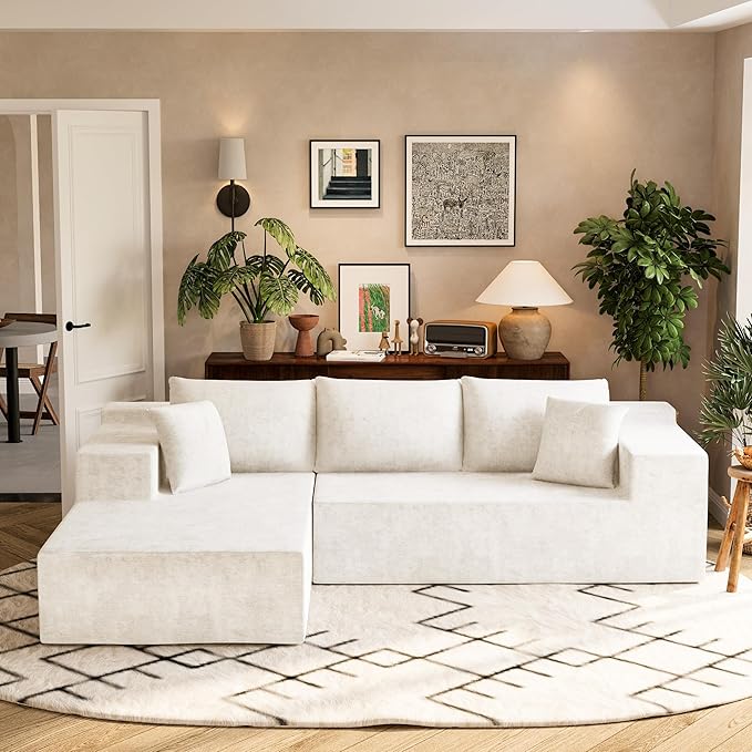Homall 108" Modular Sectional Sofa, Boneless Couch with L-Shape Chaise, Cloud Couch with Deep Seat Upholstered, No Assembly Required for Living Room, Bedroom (Chenille, Beige)
