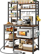 Baker Rack with Power Outlet - Microwave Stand with Storage, Large Coffee Bar Station with 14 Hooks, Metal Kitchen Shelf Rack for Spices, Pots (Rustic Brown) | with Power Outlet, with Storage, with 14 Hooks, for Spices, for Pots