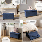 Storage Ottoman Bench with Bins, 30-in Storage Bench for Bedroom End of Bed, Folding Foot Rest Ottoman for Living Room Max 660lbs, Velvet Ottomans, Blue