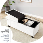 Storage Ottoman Bench with Bins, 43-in Storage Bench for Bedroom End of Bed, Folding Foot Rest Ottoman for Living Room Max 660lbs, Fabric Ottomans, Beige