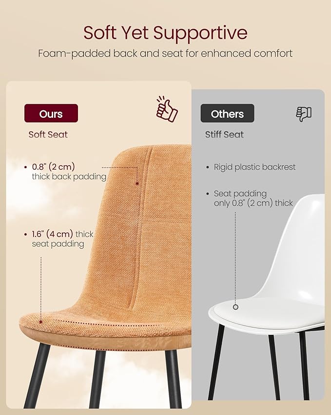 VASAGLE Set of 4 Dining Chairs, Dining Room Kitchen Chairs, Metal Frame, Adjustable Feet, Easy to Clean, Chenille Fabric, Glacier-Textured Synthetic Leather, Caramel Brown UKDC187K01-2J