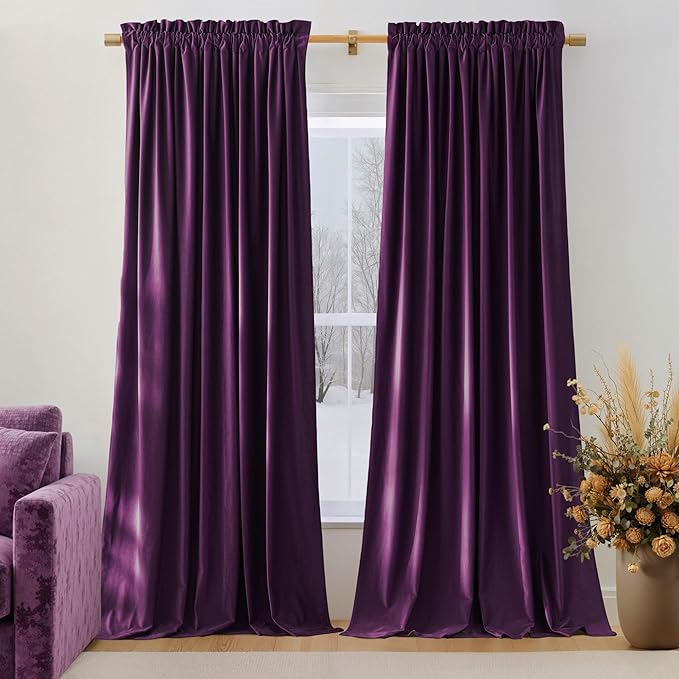 NICETOWN Purple Velvet Curtains 90 inch Long for Yoga Room, Dark Purple - Rod Pocket Romantic Vibe Home Decor Luxury Blackout Window Treatments for Bedroom and Living Room(2 Pieces, 52" Wide)