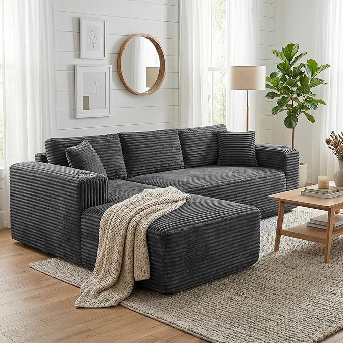 Shintenchi Boneless Couches for Living Room,Modular Sectional Sofa with 2 Cup Holders,Memory Foam Cloud Couch with L Shaped Oversized Chaise,No Assembly Needed Plush Corduroy Sofa,Dark Gray