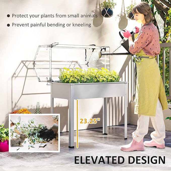 Outsunny Raised Garden Bed with Flip-Up Greenhouse Cover, Elevated Planter Box with Legs and Drainage Hole for Vegetables Flowers Herbs, 39.4" x 18.9" x 48.8", White