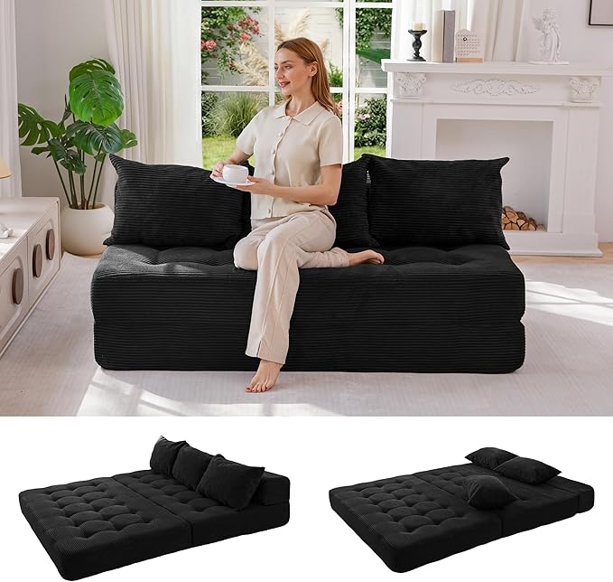MAXYOYO Folding Sofa Couch, Convertible Floor Sleeper Couch with 2 Pillows, Tufted Floor Oversized Loveseat Couch Tufted Fold Out Chair Bed Comfy Sofa Lounge for Living Room Bedroom, Black