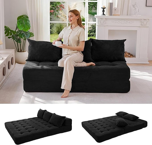 MAXYOYO Folding Sofa Couch, Convertible Floor Sleeper Couch with 2 Pillows, Tufted Floor Oversized Loveseat Couch Tufted Fold Out Chair Bed Comfy Sofa Lounge for Living Room Bedroom, Black