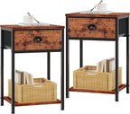 Furologee Nightstands Set of 2, Night Stand with Fabric Drawer and Storage Shelf, Retro Bedside Sofa Tables for Small Place, End Side Tables Living Room Bedroom, Rustic Brown